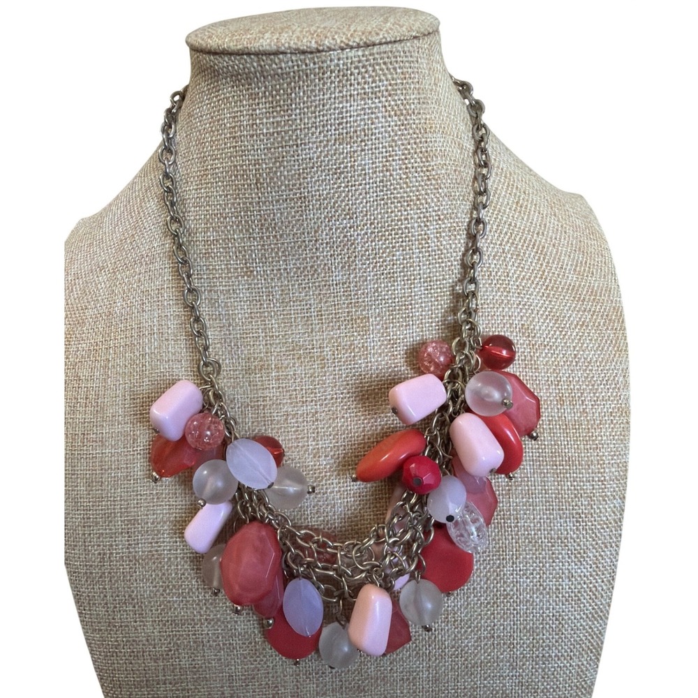 Chunky Coral Pink Frosted Bead Multi Strand Statement Necklace Silver Tone Layer